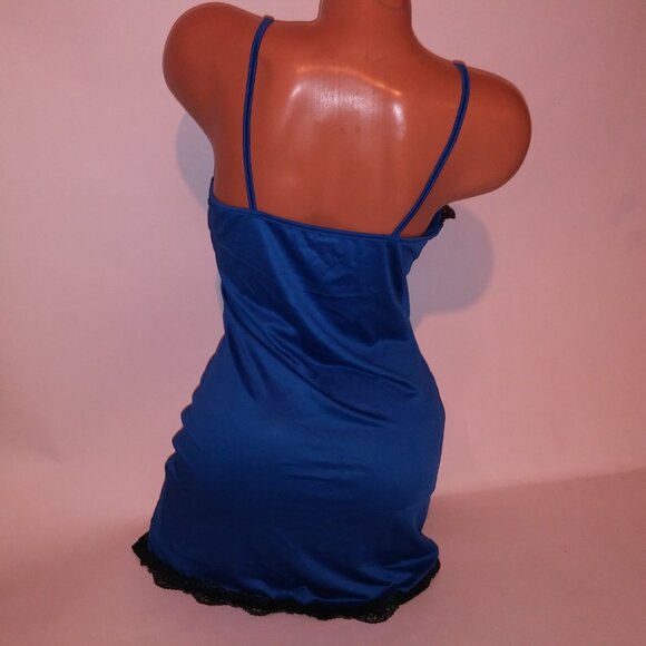 Lingerie Chemise Slip Blue Black Lace Trim Sleeveless Night Gown Sleepwear - Picture 8 of 8